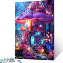 Oil Number Painting for Adults Colorful Mushroom House with Crystal Lights Paint by Number for Beginner With Brushes and Acrylic Pigment Fantasy Style Artwork for Home Decor Gift 16x20in (Frameless)