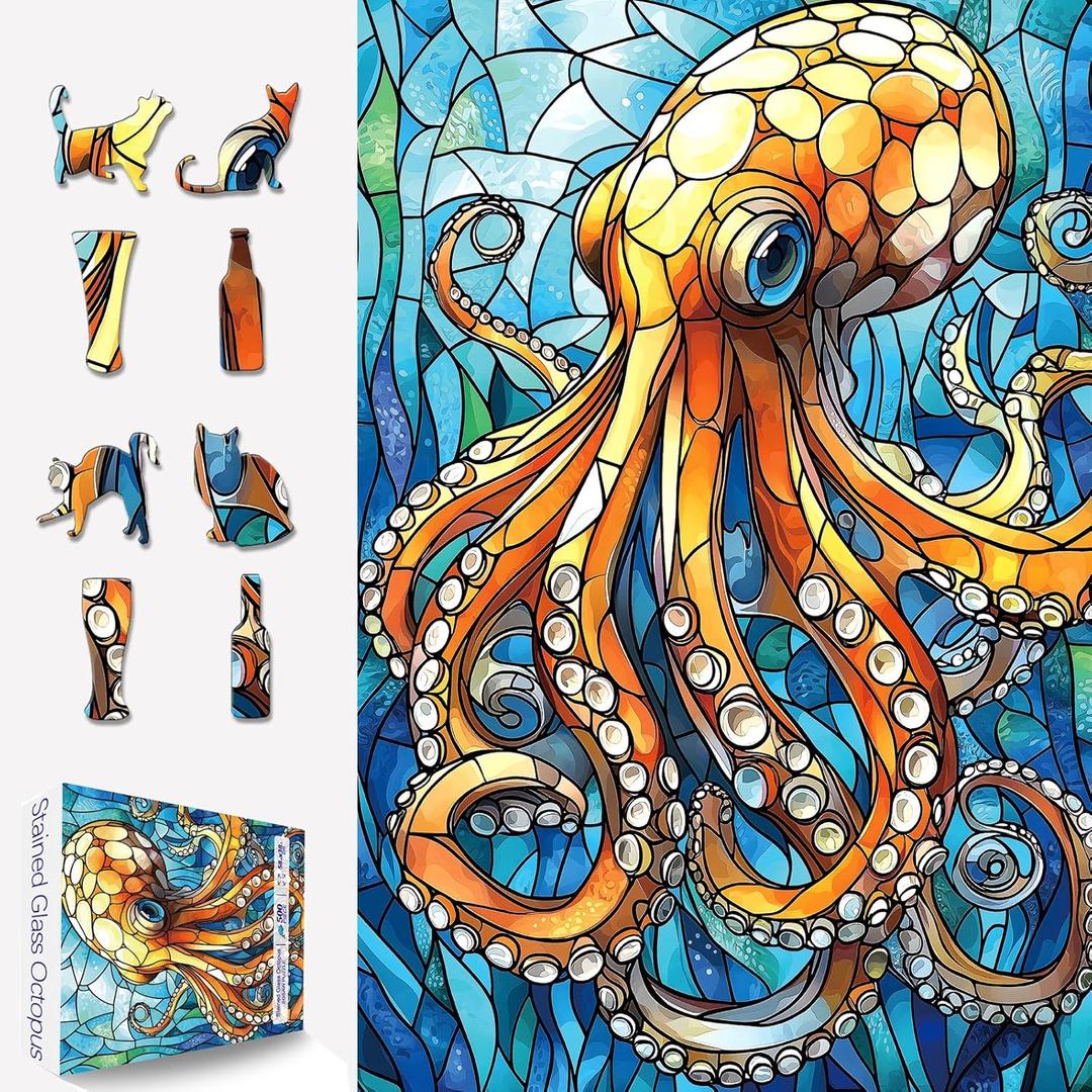500 Piece Puzzles for Adults Clearance, Stained Glass Style Octopus Jigsaw Puzzle Beautiful Ocean Art Challenging Art Puzzle for Gifts Party Games Family Fun, 23" X 15" Dust Free