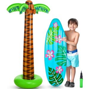 2 Pcs Summer Inflatable Palm Tree and Surfboard Set 70 Inches Blow up Palm Trees and 35.5 Inch Inflatable Surf Board Float with Hand Pump for Hawaiian Beach Tropical Luau Pool Party