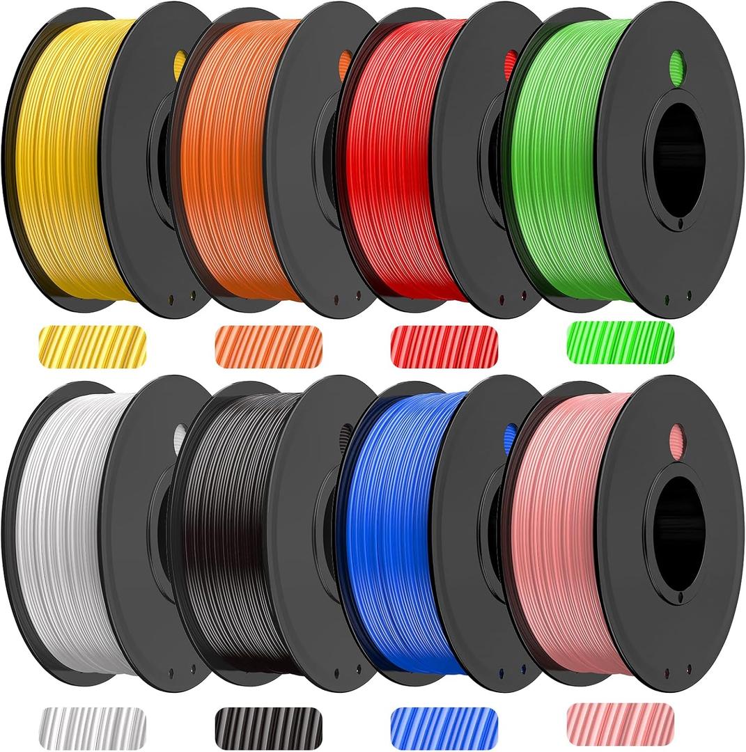 Haosegd PLA 3D Printer Filament Bundle, PLA Filament 1.75mm, 250g Spool, 8 Rolls, 2kg in Total Black/ White/ Red/ Yellow/ Pink/ Blue/ Orange/ Green
