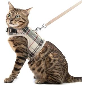 PUPTECK Soft Mesh Cat Vest Harness and Leash Set Puppy Padded Pet Harnesses Escape Proof for Cats Small Dogs Rabbits Bunny, Plaid Beige, L (L(NECK 8.5"-10.5", CHEST 12.5"-15", 6-10 lbs))
