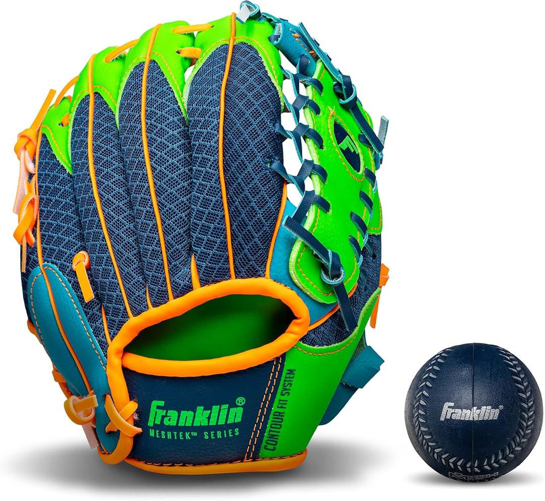 Franklin Sports Kids Baseball Glove + Foam Ball Sets - Meshtek Youth Teeball Gloves for Kids + Toddlers - Left + Right Hand Throw - 9.5" Inch (Navy/Lime/Orange)