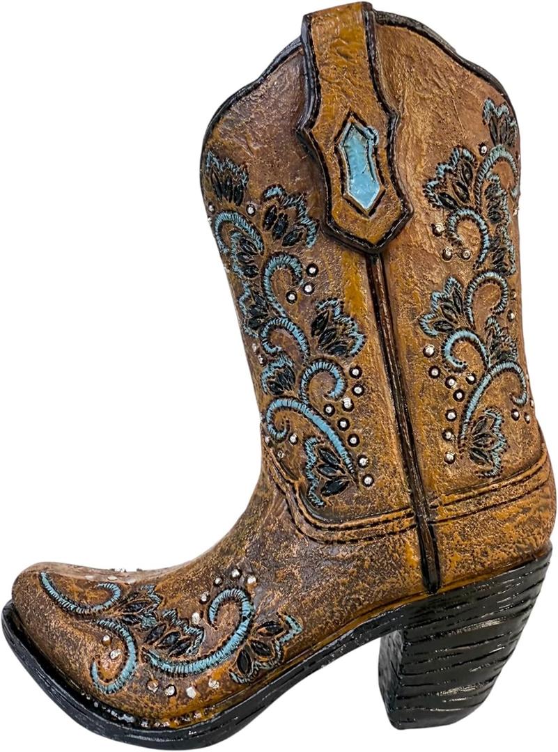 Top Brass Cowboy Boot Pen / Pencil Holder  4.75 Western Resin Boot with Embossed Turquoise & Studded Detailing  Desk Organizer, Small Vase, or Rustic Home Decor Accent