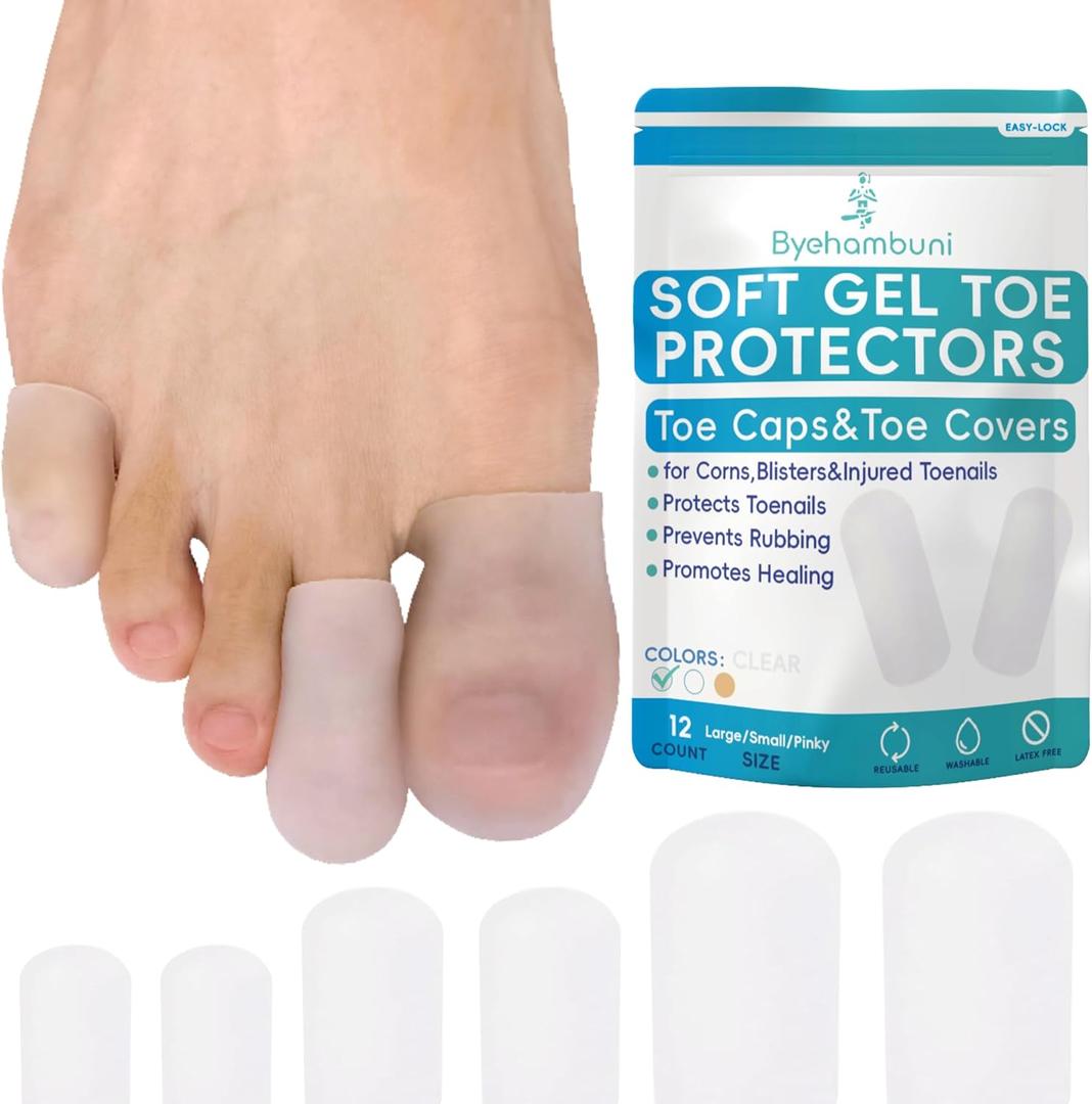 Byehambuni Gel Toe Protectors for Men and Women - 12 Pack Toe Covers - Toe Cap - Toe Sleeves - for Corns, Calluses, Blisters - Protects Toenails, Prevents Rubbing - Clear (4Large+4Small+4Pinky) (Multi-Size)