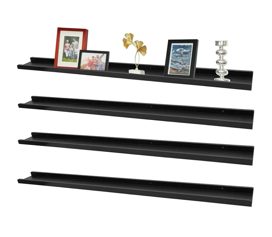 MITREL Picture Ledge Shelf,47" Long Floating Shelves with Lip Set of 4,Rustic Photo Frames Shelves Vinyl Record Book Storage Display for Living Room Kids Nursery Bedroom Kitchen Bathroom(Black)
