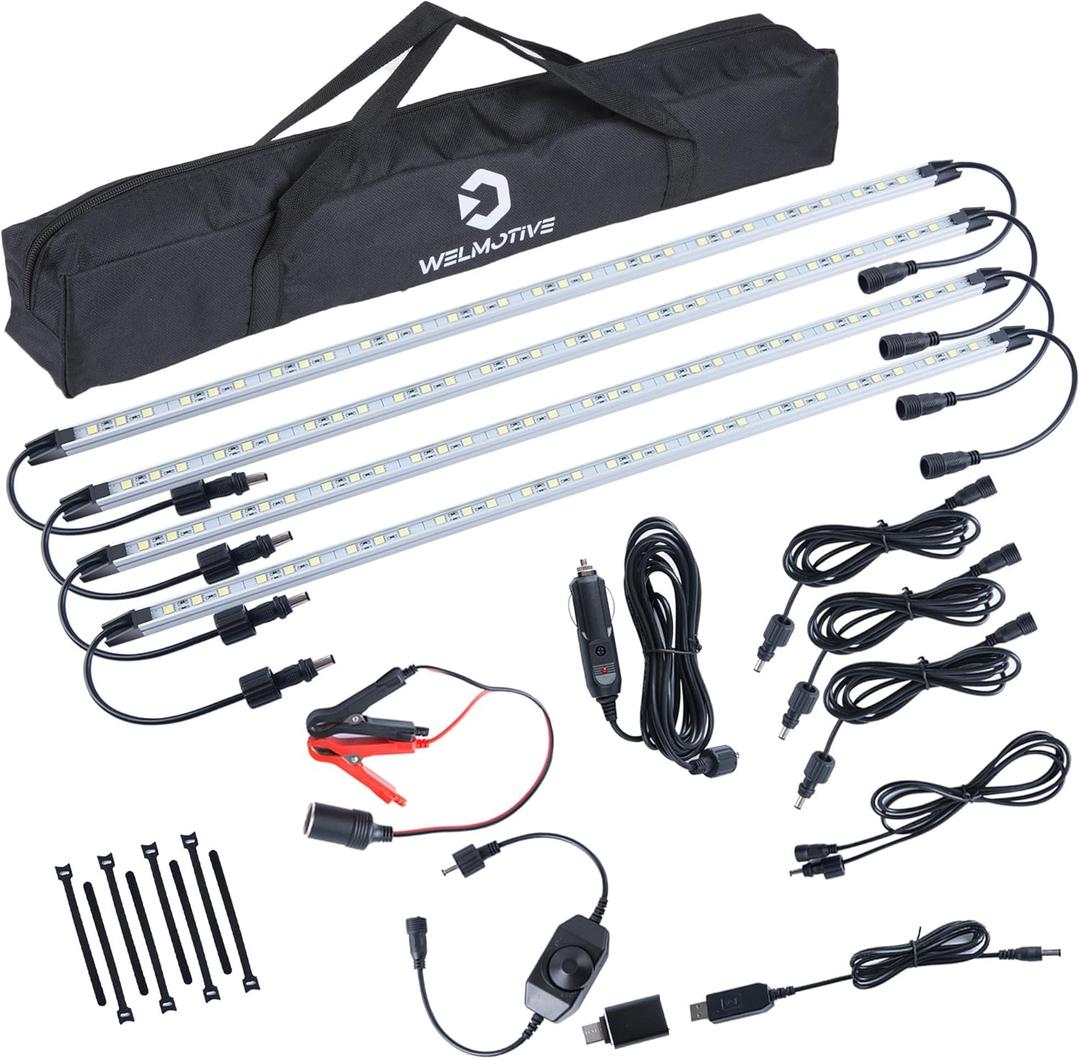 12V LED Interior Light Bar Kit, 4 Bars White Adjustable Brightness RV Camping Lights - Waterproof IP67, Magnetic & Velcro Mount, Portable Lighting for Tent, Car, Trailer, Boat, Truck, Off-Road, Cabin