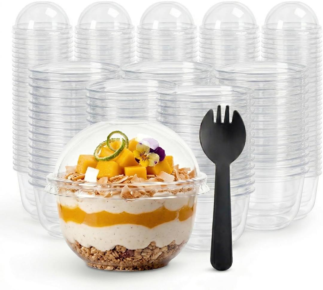 50 Pack Disposable Parfait Dessert Cups with Dome Lids 8.5oz & Black Sporks - Clear Parfait Cups for Yogurt, Fruit, Cupcakes -Plastic Charcuterie Cups for Party