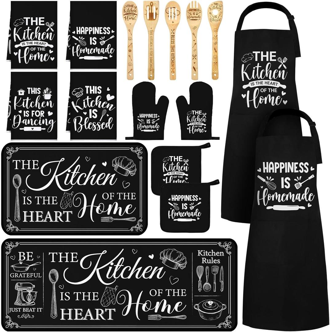 Bencailor 17 Pcs Black and White Kitchen Sets Washable and Non-slip Kitchen Rug and Mat Black Mitts and Pot Holders Classic Theme Apron Dish Towels Wooden Spoons for Home Decoration Housewarming Gifts