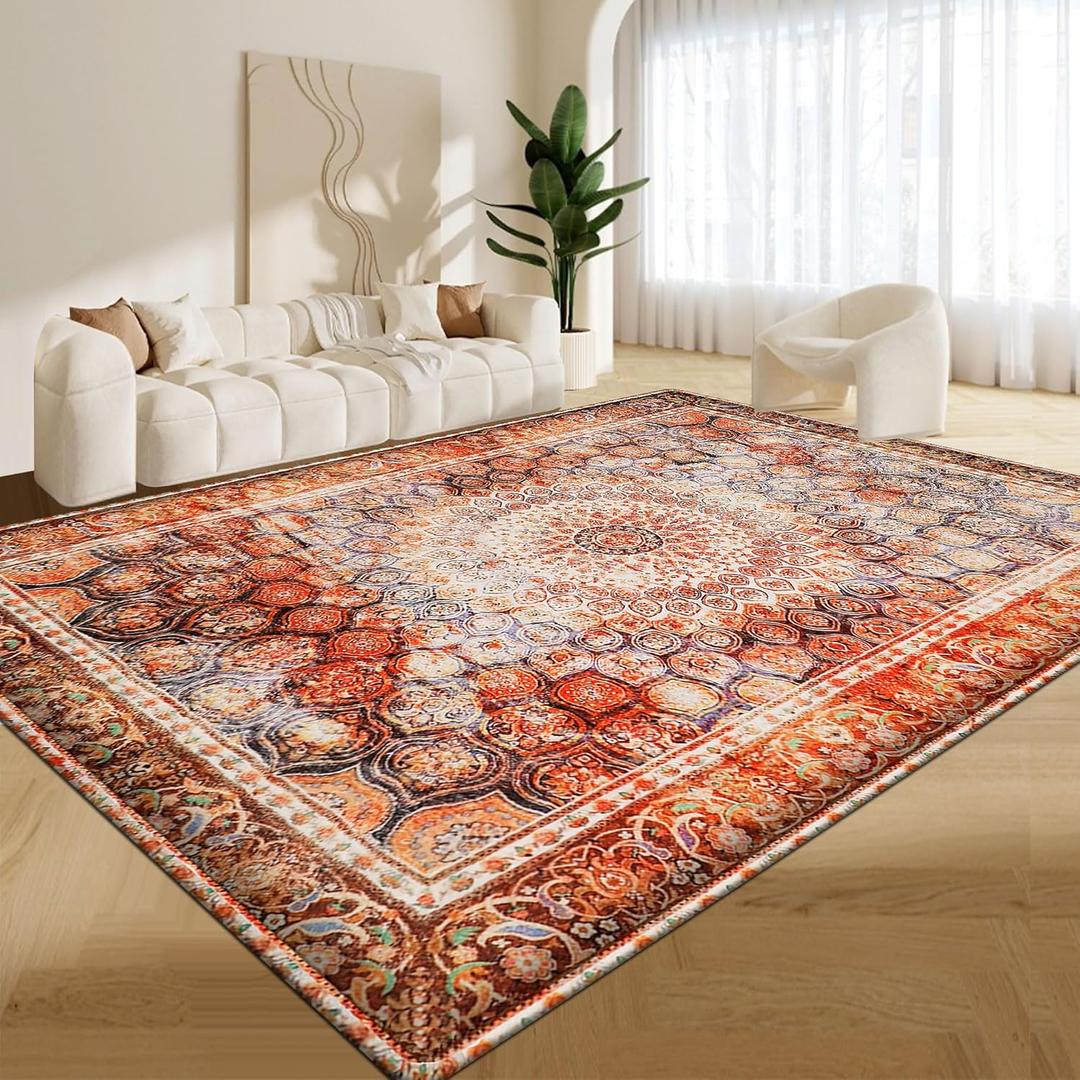 Oriental Area Rug 9x12, Vintage Rug Non Slip Low Pile Soft Large Rugs for Bedroom Dining Room Rug Living Room Carpet Red Orange Rug for Nursery Playroom Family Room Foyer Den Office Home Decor