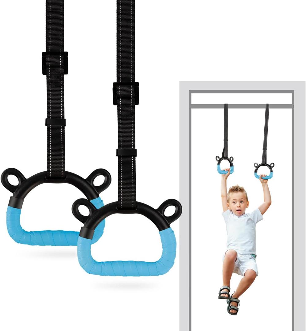 EXQ Home Kids Gymnastic Rings Pull up Rings for Chlidren Exercise,Indoor Gym Ring,Kids Gymnastics Rings with Adjustable Straps,Load Bearing 220lb(NO Bar) (Blue-1)