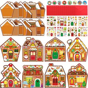 32 Pack Christmas Cards Xmas Crafts DIY Cards with Envelopes Merry Christmas Crafts Kit Greeting Card Stickers DIY for Xmas Party Supplies(Brown,Gingerbread)