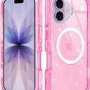 for iPhone 17 Case Clear Magnetic [Anti-Yellowing] [Compatible with MagSafe] Shockproof 3-Layer Military Grade Protection Case for Apple iPhone 17 6.3",Clear Pink Glitter