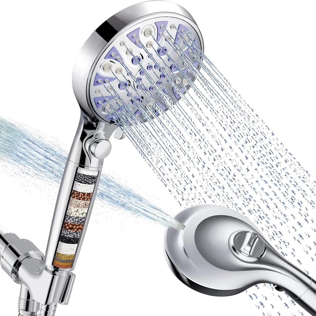 High Pressure 10-mode Detachable Shower Head with Handheld, Showerhead with ON/OFF Pause Switch, 15 Stage Water Softener Filters for Hard Water Remove Chlorine, Meet cUPC and CEC Certification (Star Silver)