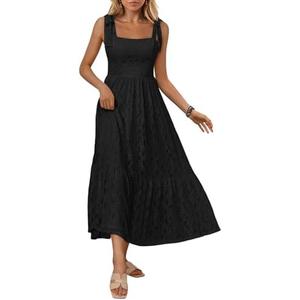 LILLUSORY Womens Maxi Summer Dresses Sun Sundress Flowy Lace Floral Beach Vacation Casual Smocked Bridal Shower Maternity Easter Spring Outfits Boho Long Ladies Clothes 2025 Fashion Black L