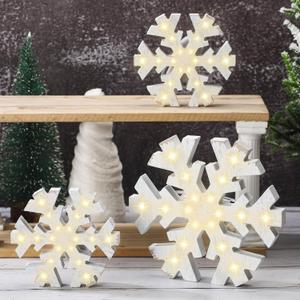 Baquler 3 Pcs Christmas Winter Snowflake Table Signs LED White Standing Wooden Snowflakes for Crafts Decor Christmas Snow for Country Farmhouse Home Photo Props(Rustic Style)