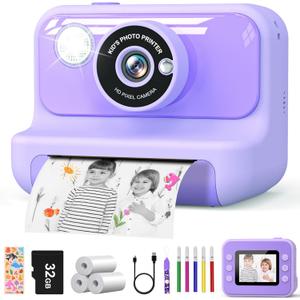 Kids Camera Instant Print, Christmas Birthday Gifts for Girls and Boys, 1080P HD Video Digital Kids Camera with 32G Card, Toddler Camera for 3-12 Years Old, Purple