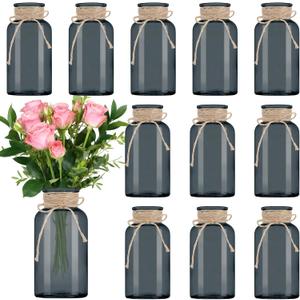 Vintage Glass Flower Vase, Farmhouse Glass Centerpiece Vases Mason Jars for Weddings, Parties & Home Decor Bulk (12, Black)