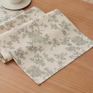 100% Cotton French Pastoral Table Runners, 13x90 Inch Green Farmhouse Table Runners 90 Inches Long, Vintage Flowers Print Home Decors