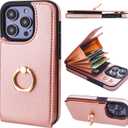 Folosu Compatible with iPhone 14 Pro Case Wallet with Card Holder, 360Rotation Finger Ring Holder Kickstand, RFID Blocking Leather Protective Double Buttons Shockproof Cover 6.1 Inch Rose Gold
