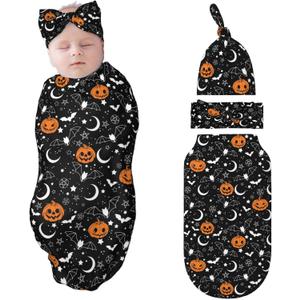 Halloween Swaddle Blankets Newborn Receiving Blanket Baby Swaddle Wrap with Headband Hat Set for Baby Girls Boys (One Size)