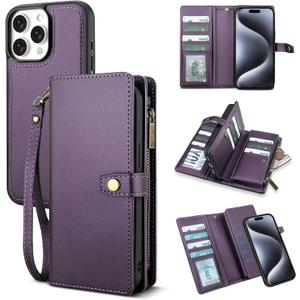 TwoHead Wallet Case Compatible with iPhone 15 Pro,Detachable Magnetic Phone Case,All-Round Protective Leather Phone Case with Card Holder,6.1 in,Deep Purple