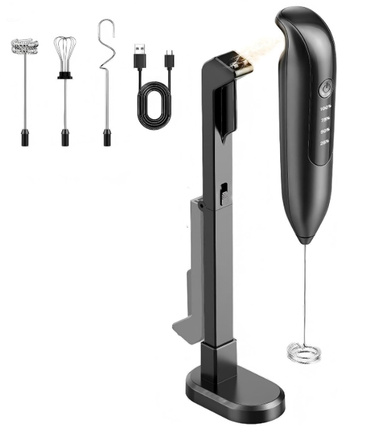 Dynooper Electric Milk Frother Handheld: Rechargeable 3 in 1 - LED Digital Display with 3 Speeds Portable Stainless Steel Drink Foam Mixer for Milk Coffee, Lattes, Valentine's Day gifts - Onyx Black
