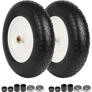14.5" Wheelbarrow Tire Flat-Free, 3.50-8 Solid Tire 300LB Capacity Each, with 5/8" & 3/4" Bearings, 3"-4''-6''-7" Adjustable Hub, Tire and Wheel Replacement for Dolly, Hand Truck, Garden Cart, 2 Pack