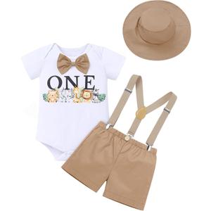 OBEEII First Birthday Outfit Baby Boy Cake Smash Outfit Safari Zookeeper Animal Lion Bow Tie Romper + Suspender Shorts + Hat (White)
