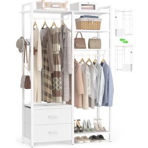 78.7'' Clothes Rack for Hanging Clothes - Reversible Clothing Rack with 2 Drawers, Heavy Duty Garment Racks with Shelves, 6 Tiers Freestanding Portable Closet Wardrobe System with Hanging Hooks, White