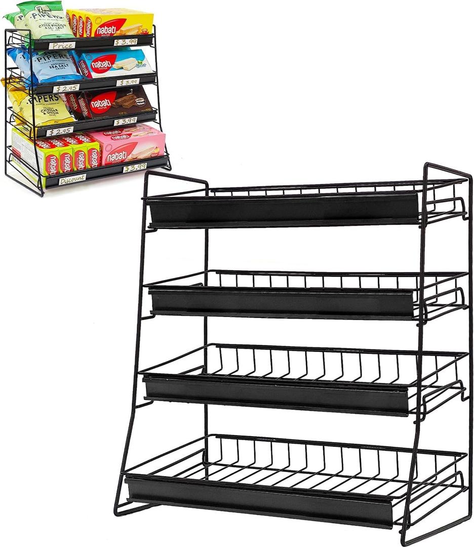 Candy Display Rack, 4 Tier Candy Organizer, Snack Organizer for Countertop, Snack Shelf Chip Rack for Store, Metal Snack Display for Counter, Concession Stand Snack Stand for Store Office Theatre