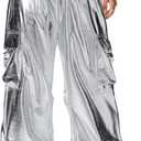 OYOANGLE Women's Metallic Drawstring High Waisted Y2K Cargo Pants Wide Leg Trousers Rave Joggers Streetwear (Large)