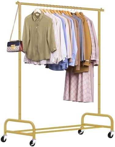 SLEEPING LAMB Heavy Duty Clothes Racks for Hanging Clothing Rack, 43" Wide Rolling Garment Rack Metal Wardrobe Rack with Wheels Closet Hanger Rack for Coats, Shirts, Dress (Gold)