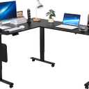 VEVOR L Shaped Standing Desk with Wheels, 63 x 55 inch 3-Level Height Adjustable Electric Corner Standing Desk with Power Outlet, Heavy Duty Carbon Steel Sit Stand Computer Table, Easy to Assemble