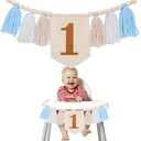 1st Birthday High Chair Banner, Wood Bead Highchair Tassel Banner Boho Style Birthday Photo Backdrop Wall Hangings for Kids Birthday Party Decoration