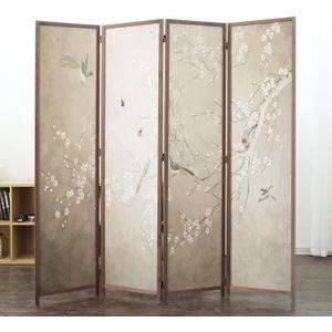 4 Panel Room Divider Screen,Double Faced Blackout Panel Divider Folding Panel Screen Divider for Room Separation,Plums and Birds,67" H x 63" W