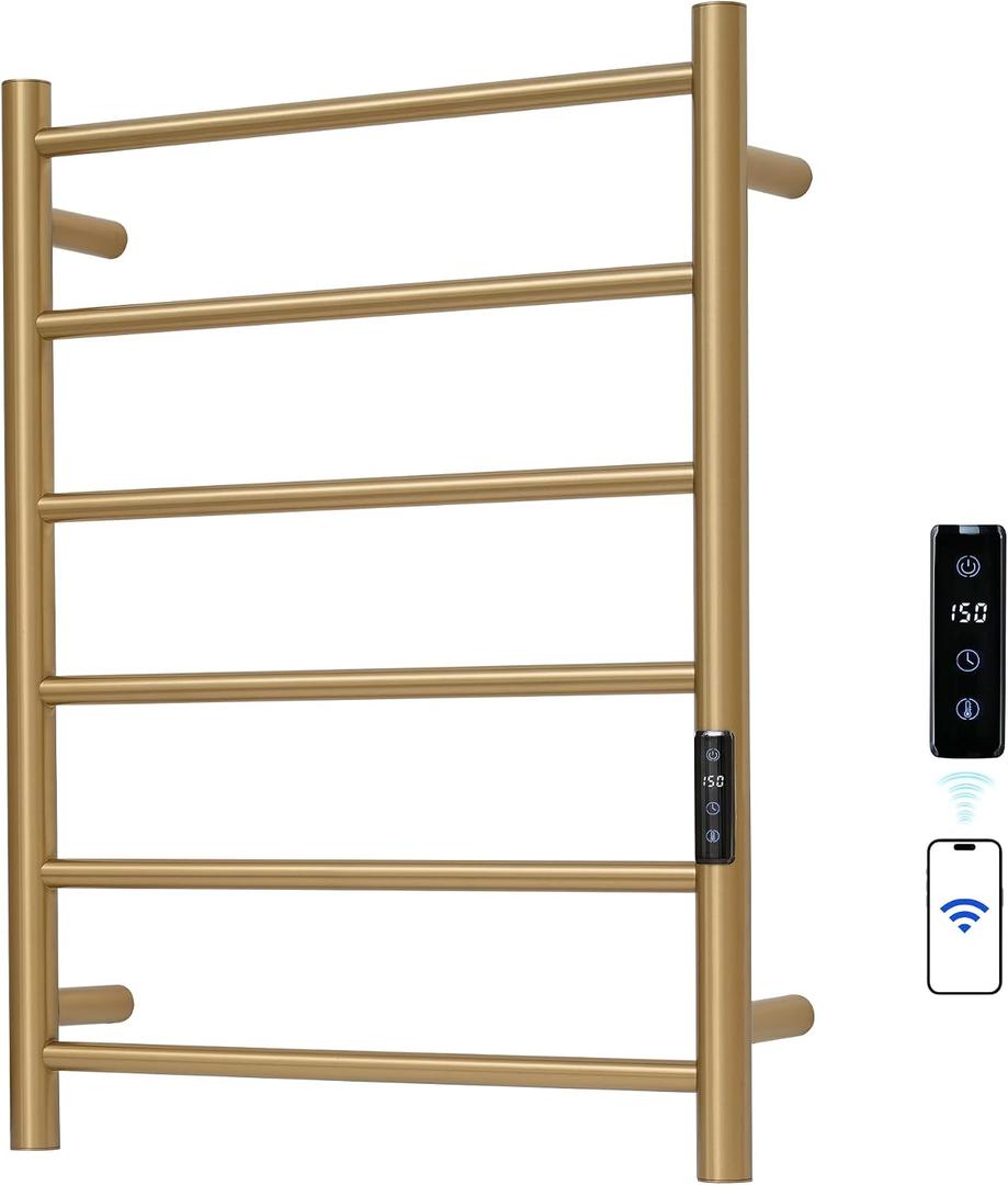 Electric Towel Rack with Voice Control for Alexa & Google Home,TUYA-Wall-Mounted Bathroom Heating Towel Warmer,Plug-in,26.77x20.47x4.39in,Stainless Steel Material,Gold6 Bars