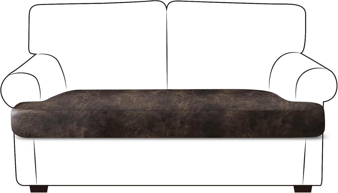 Leather Look Couch Cushion Covers Sofa Seat Slipcovers Sets Couches Furniture Protector for Sectional Armchair Loveseat Pets Kids Stretch Spandex Fabric (1 T-Cushion loveseat, Brown)