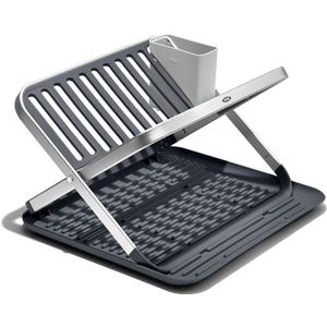OXO Good Grips Aluminum Fold Flat Dish Drying Rack, 2-Tier, with Drainboard, for Kitchen Counter, Collapsible