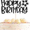 Soccer Happy Birthday Cake Topper - Black Glitter Soccer Party Decorations Supplies, Perfect for Birthday/Soccer Theme Party, Photo Booth Props