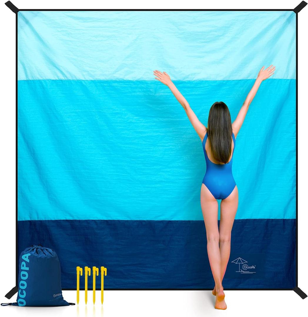 OCOOPA Extra Large Beach Blanket, Sand Free, Large Oversized Camping Mat, Comfortable Parachute Nylon, Cozy& Chic, Compact& Light, 4 Stakes&1 Travel Bag, S09 (Aqua Blue)