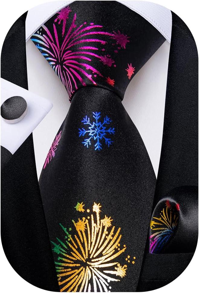 DiBanGu Christmas Ties for Men Festival Mens Holiday Tie and Pocket Square Set Santa Xmas Party Vacation Necktie (Black Novelty Firework)