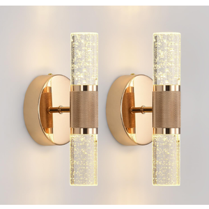 Gold Crystal Wall Sconces Set of 2, 10W LED Bubble Glass Bathroom Vanity Lights with Adjustable Color Temperature, 9.8" Indoor Wall Lighting for Bathroom, Hallway & Bedroom