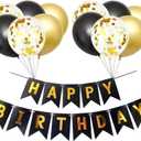 3 x Happy Birthday Decorations Banner and Balloons, Happy Birthday Banner Sign Party Supplies Hanging Decorations Black Gold