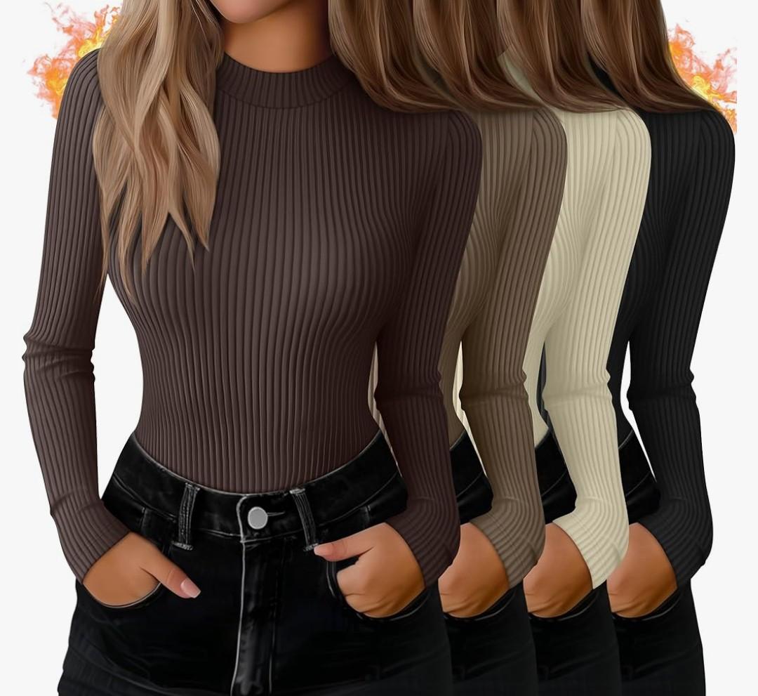 4 Pack Women's Mock Neck Long Sleeve Tops Ribbed Slim Fitted Cotton Thermal Shirts Casual Stretch Tight Base Layer XL