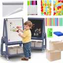 Art Easel for Kids 2-4 with Wheels, Whiteboard, Chalkboard & Paper Roll Adjustable Height 3-in-1 Toddler Easel for 2-4 Year Old Painting Easel for Kids with Storage & Accessories, Blue