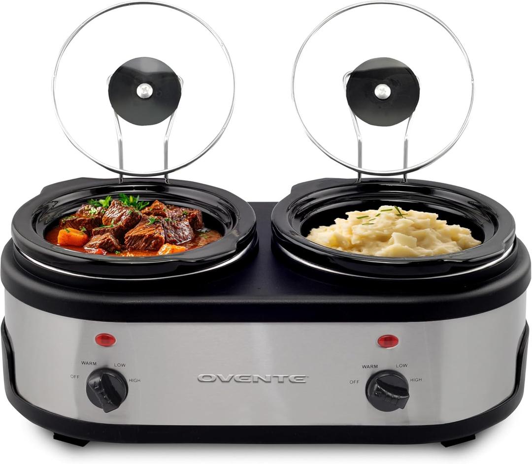 OVENTE Double Slow Cooker, Buffet Server and Warmer with Two 1.5Qt Removable Ceramic Pot, Adjustable Temperature Control and Tempered Glass Lid for Parties, Gatherings and Holidays, Silver SLO215BR
