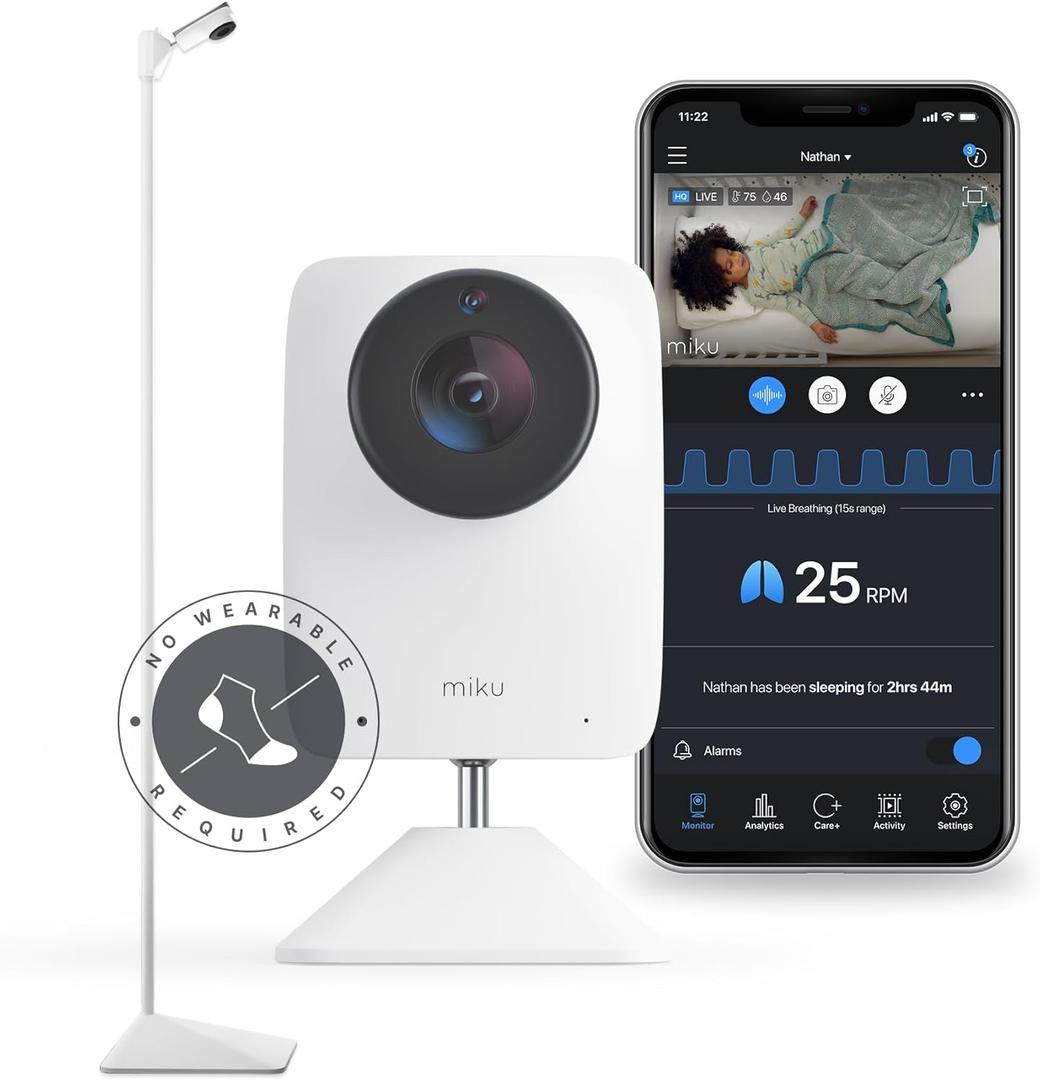 Miku Pro Upgraded Smart Baby Monitor with Camera, Wall Mount and Floor Stand, Real-Time Breathing and Sleep Tracking, Contact-Free Alerts, Sleep Analytics for Infants, Requires Paid Membership