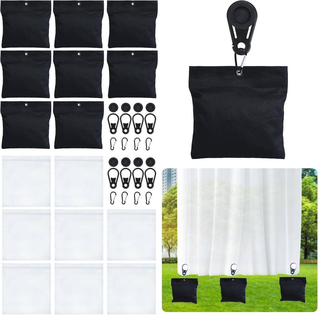 8 Pack 3.8LB Outdoor Curtain Weights, 8"x8" Curtain Weights Bag Drapery Weights Bottom with Tarp Clips and Hooks for Heavy Wind Outside, Tablecloth (Black)