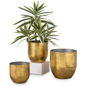 Briful Set of 3 Shabby Gold Galvanized Buckets Multi-Size Rustic Chic Metal Planters for Home Centerpieces Table Decor, Farmhouse Garden Round Metal Pots for Flowers Plant Herb(4 ¾''/5 ½''/6 ¾'')