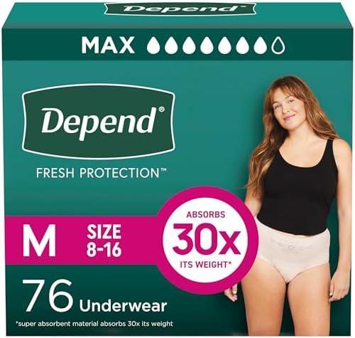 Depend Fresh Protection Adult Incontinence & Postpartum Bladder Leak Underwear for Women, Disposable, Maximum, Medium, Blush, 76 Count (2 Packs of 38), Packaging May Vary